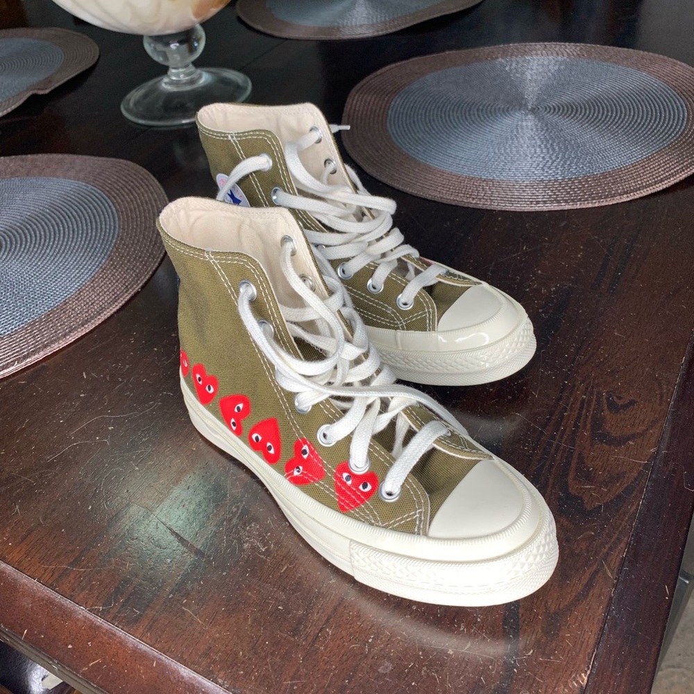 Converse Olive Green High Tops with Red Hearts